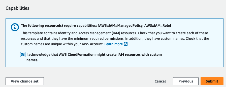 Tick CloudFormation 'Capabilities' box