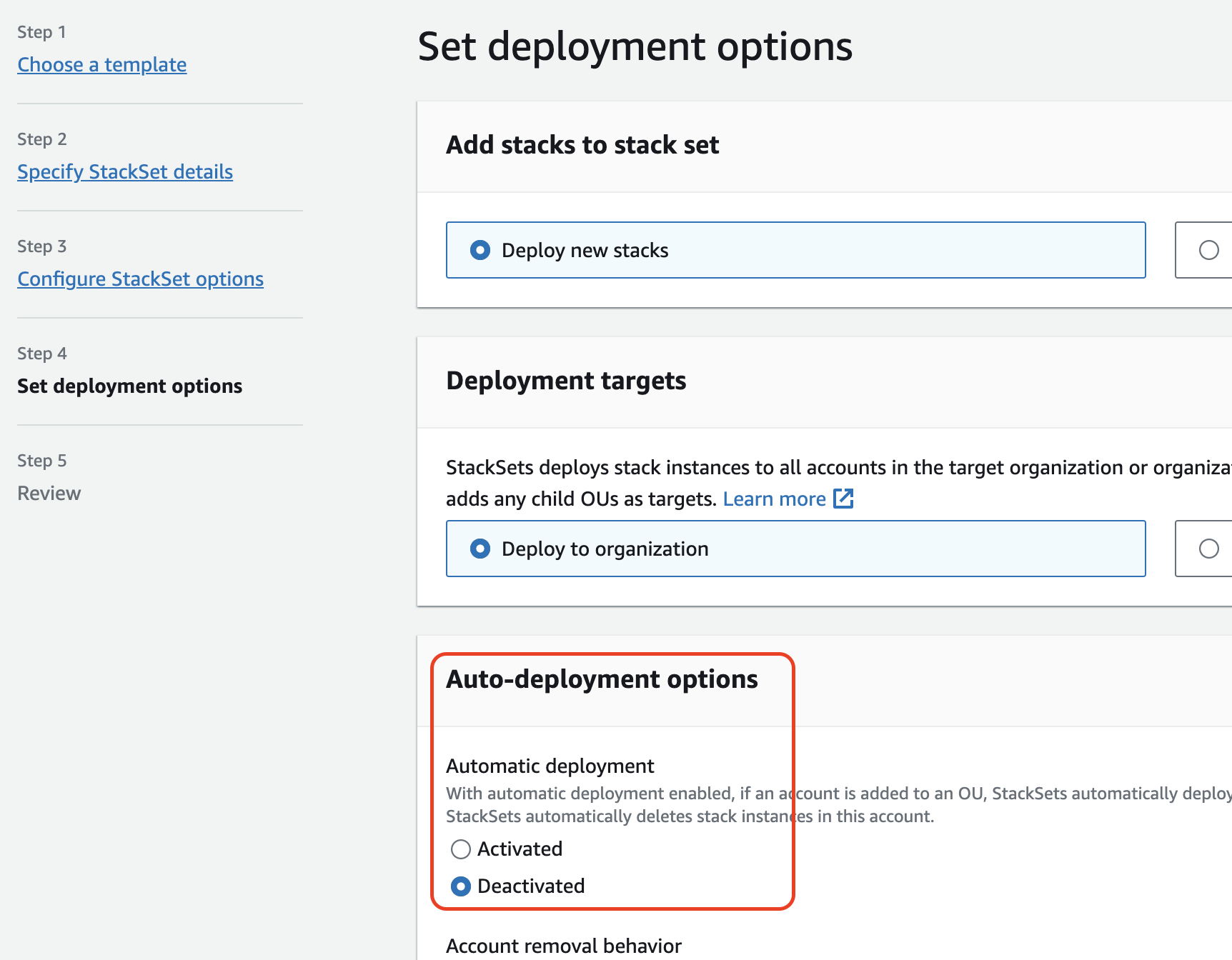 Automatic deployment set to 'Deactivated'